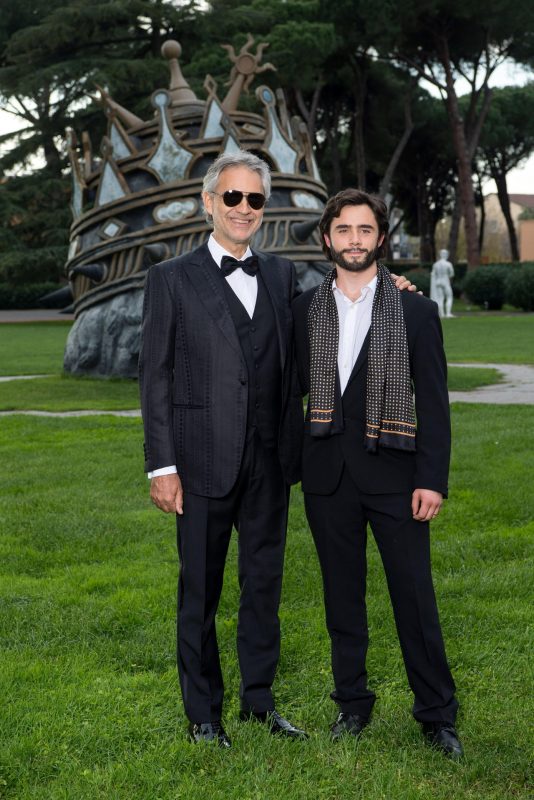 ROME, ITALY - NOVEMBER 21:  Singer Andrea Bocelli and actor Toby Sebastian attend "The Music of Silence" by Michael Radford. On set with Andrea Bocelli and AMBI Media Group producers at Cinecitta on November 21, 2016 in Rome, Italy.  (Photo by Venturelli/Getty Images)