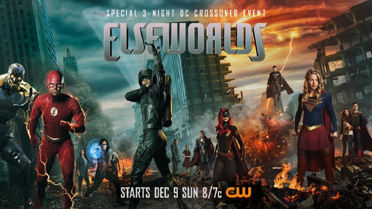 Elseworlds: gli eroi riuniti in un poster trittico del crossover Arrowverse