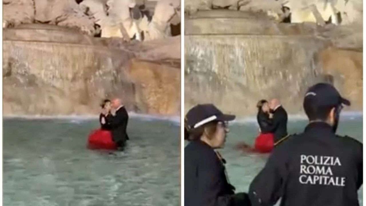 Coppia di sposini ricrea scena de La Dolce Vita nella Fontana di Trevi - Cinematographe.it