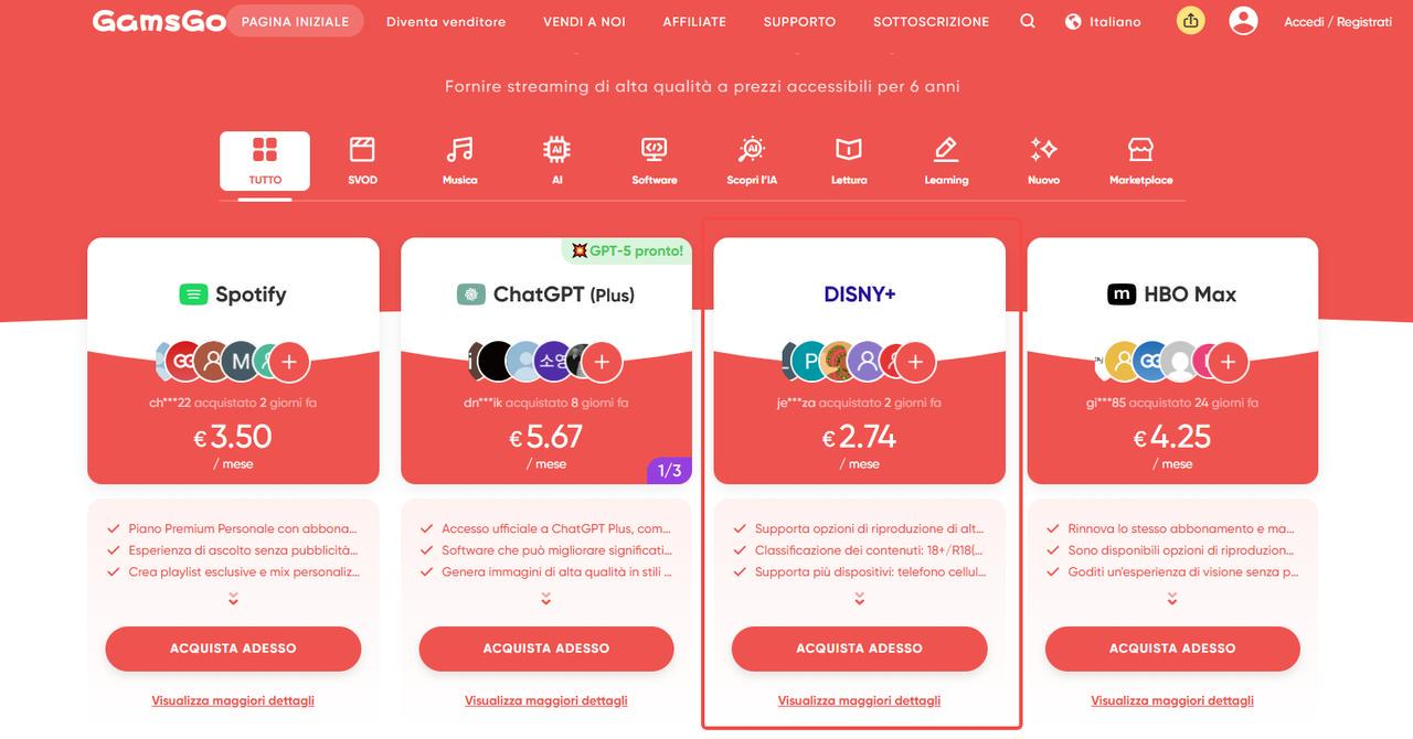 Pagina delle offerte GamsGo cinematographe.it